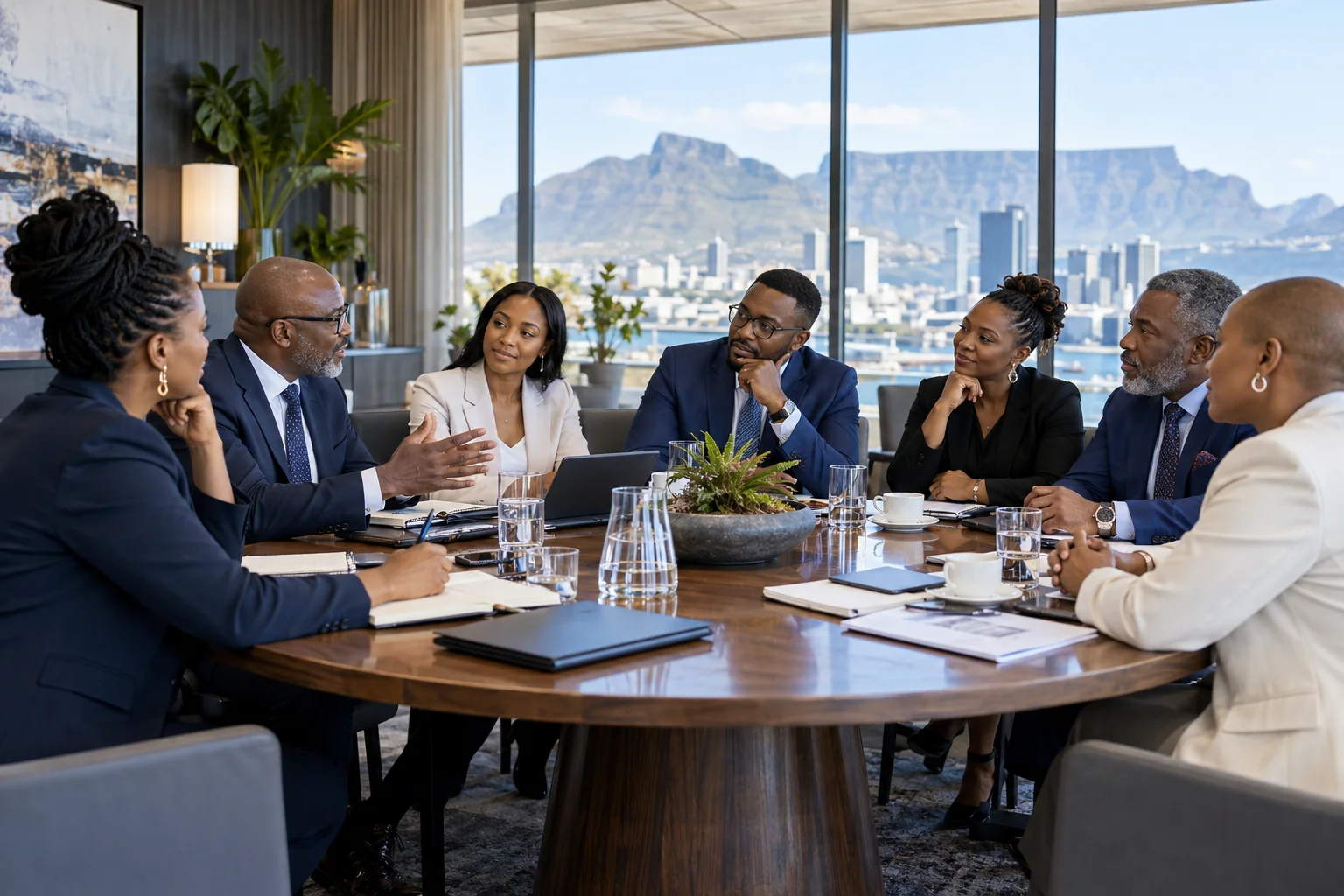 Stakeholders exchanging perspectives in a professional discussion
